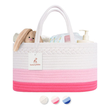 Luxury Little Diaper Caddy Organizer, Large Cotton Rope Nursery Basket, Changing Table Organizer For Baby Diaper Storage, Portab