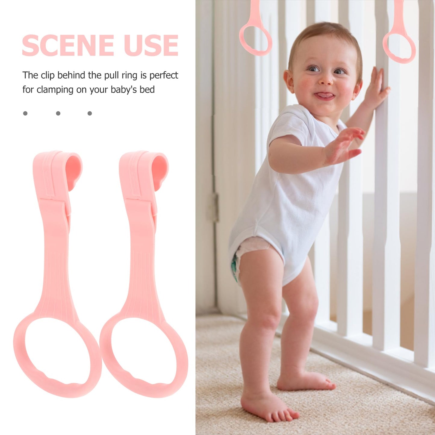 Safigle 4Pcs Pull Up Rings Standing Walker Crib Tool Ring Playpen Crib Hook Help Stand Up Walking Training Tool For Newborn Pink