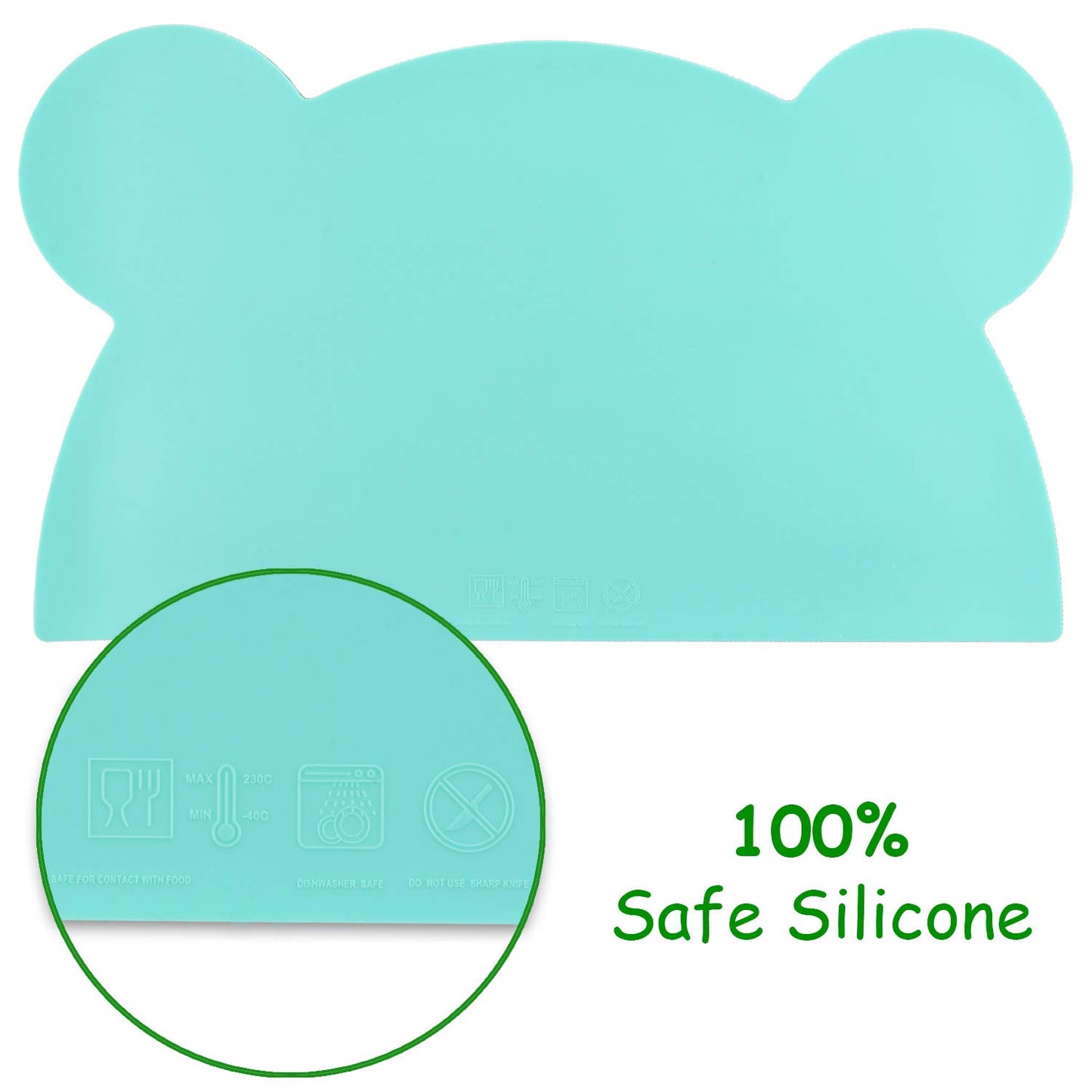 M Moacc Toddlers Non-Slip Silicone Placemat Cute Bear Kids Placemats Washable Dining Table Food Mat For Children Baby,Mint Green
