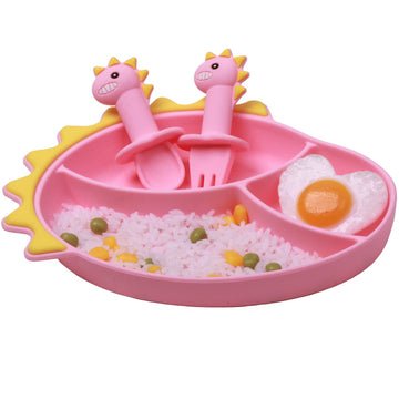 Nicingu Suction Plates For Baby,Silicone Toddler Plates With Spoon Fork Set Divided Dinosaurs Plates Self Feeding Training Baby