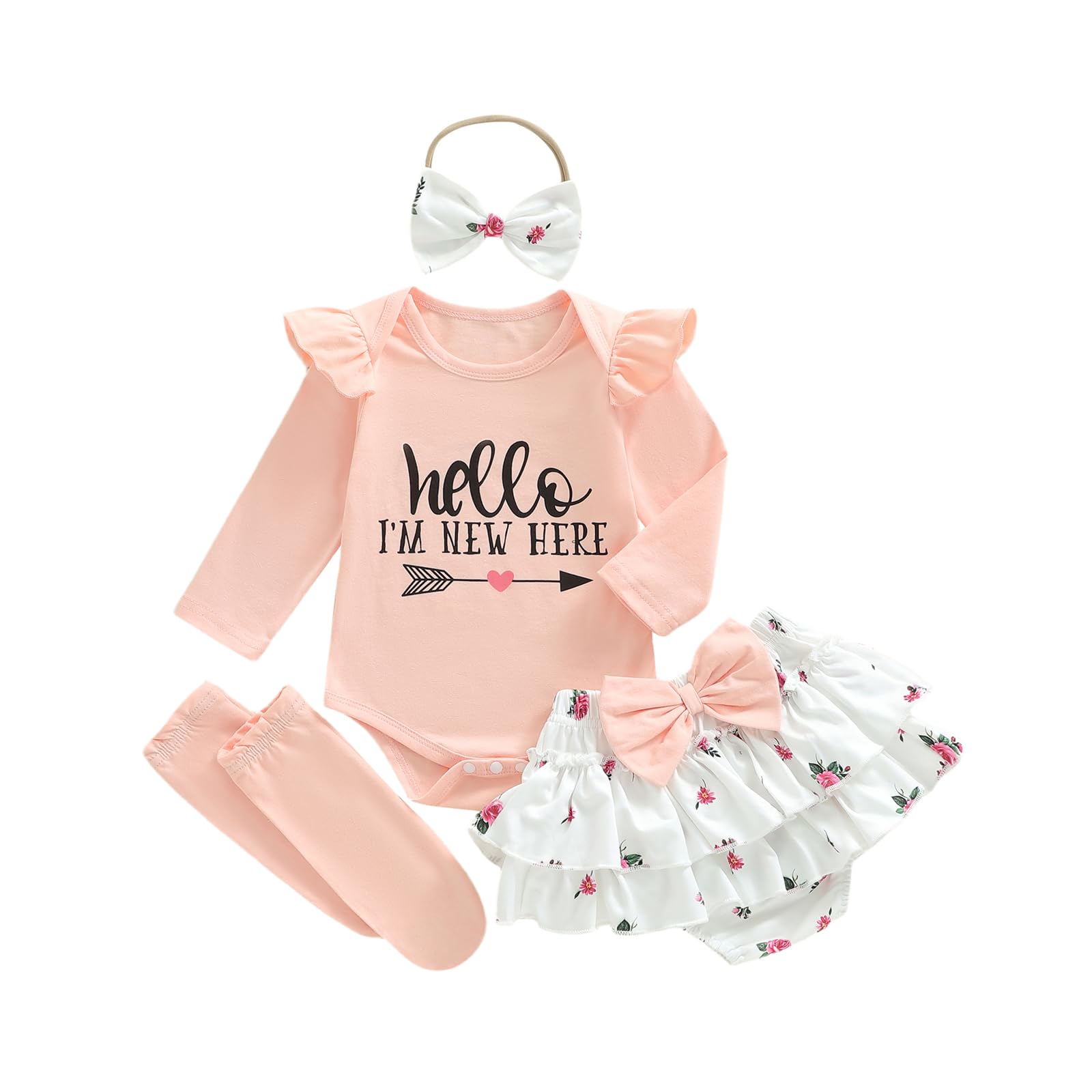 Sprifallbaby Newborn Baby Girl Clothes Hello Im New Here Romper Ruffle Shorts Tutu Skirt Set Cute Infant Coming Home Outfits (W