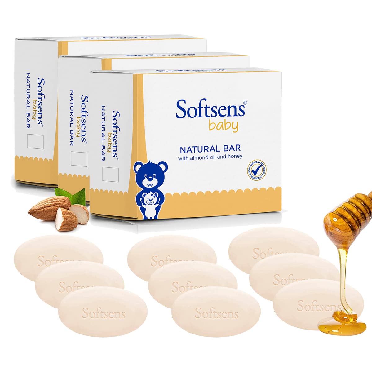 Softsens Natural Baby Bar Soap 100G Each X 9 (900G) | Gentle Cleansing & Nourishing | With Almond Oil & Pure Honey| Dermatologic