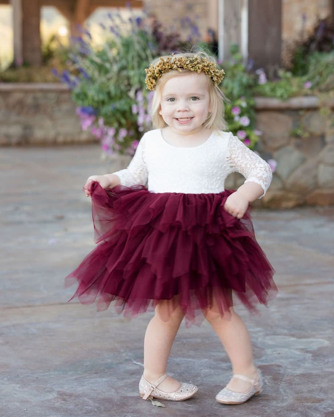 2Bunnies Girl Peony Lace Back A-Line Tiered Tutu Tulle Flower Girl Dress (Burgundy Sleeve Short, 7-8Yrs)
