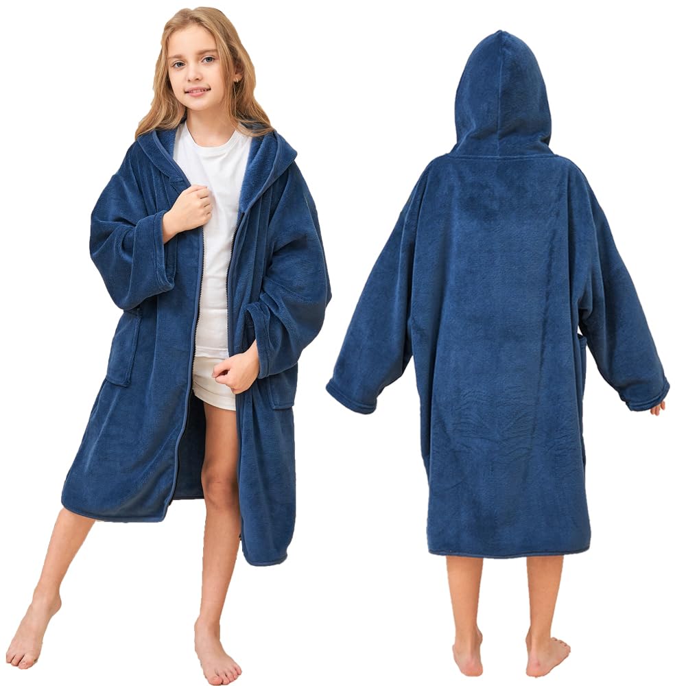 Hiturbo Kids Bath Towel Hoodie: Soft Plush Zipper Surf Poncho - Warm Fleece Changing Towels Swimming Outerwear (Navy)