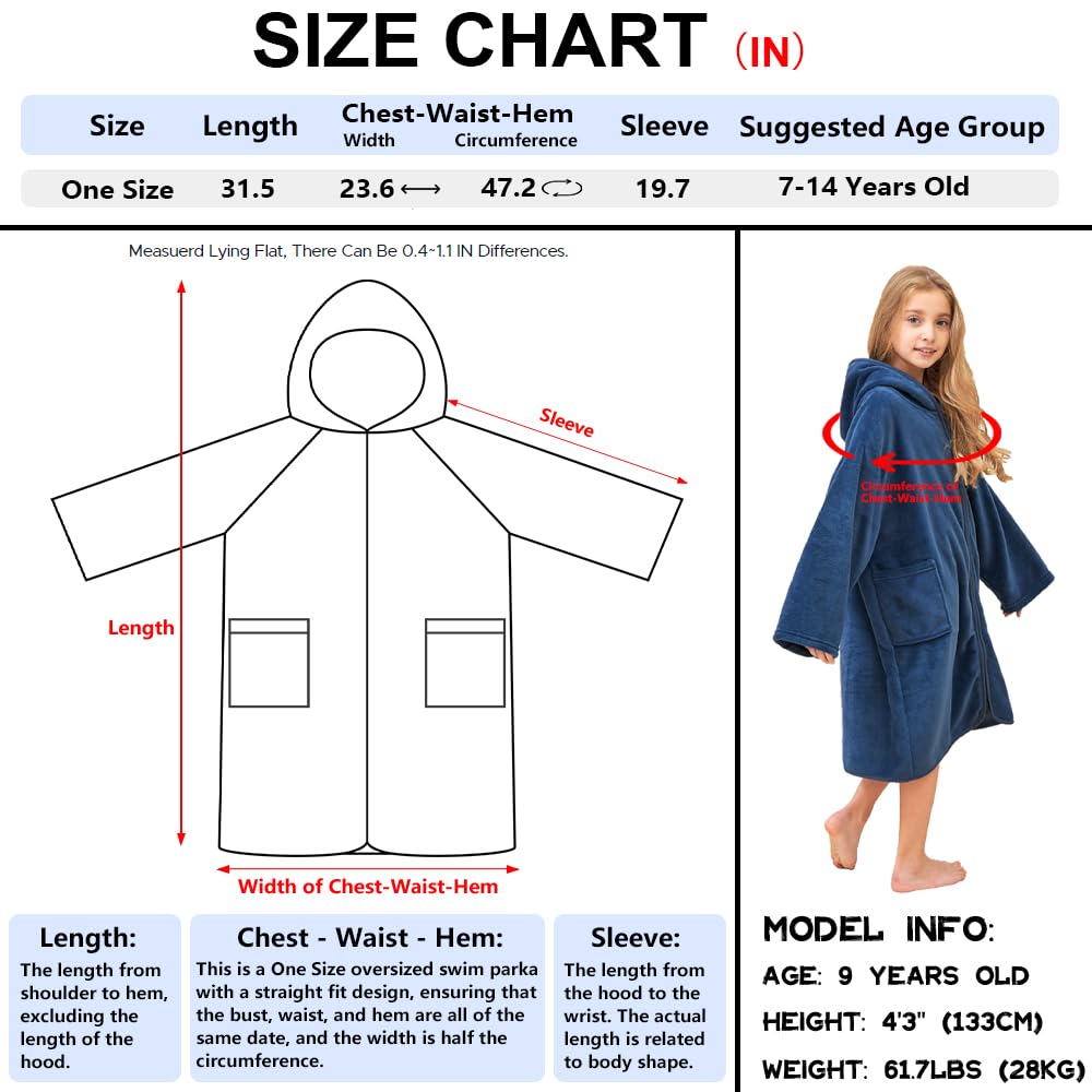 Hiturbo Kids Bath Towel Hoodie: Soft Plush Zipper Surf Poncho - Warm Fleece Changing Towels Swimming Outerwear (Navy)