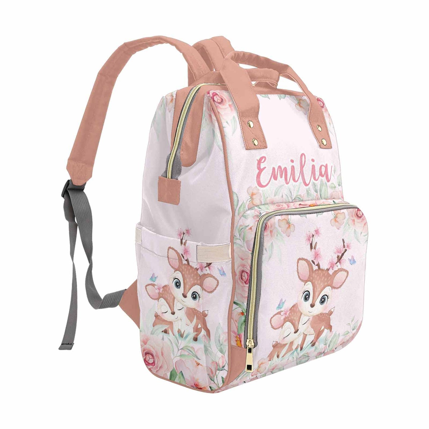 M Yescustom Customized Cute Deer Diaper Bag With Name, Personalized Pink Floral Waterproof Mommy Nursing Nappy Backpack With Lar