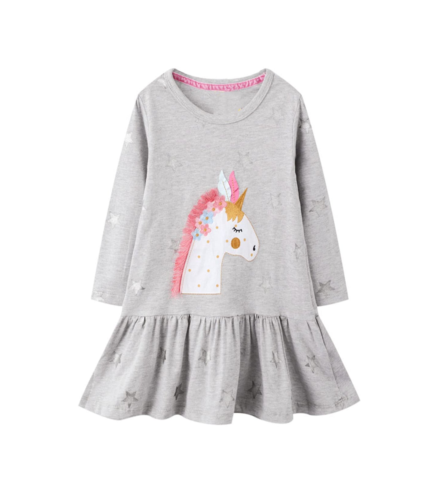 Girl Unicorn Dress Long Sleeve Winter Clothes Cotton Casual Christmas Playwear Basic Outfits Grey Dresses Size 7