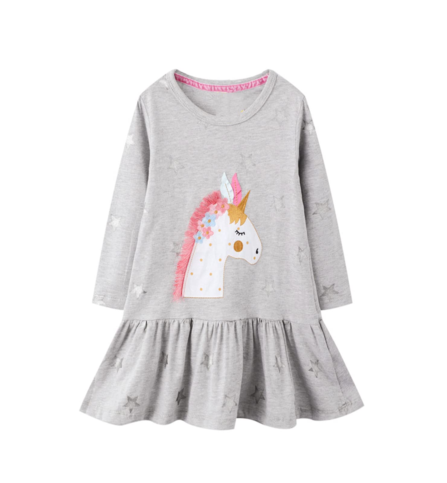 Girl Unicorn Dress Long Sleeve Winter Clothes Cotton Casual Christmas Playwear Basic Outfits Grey Dresses Size 7