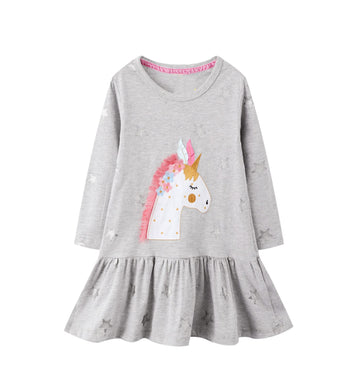 Girl Unicorn Dress Long Sleeve Winter Clothes Cotton Casual Christmas Playwear Basic Outfits Grey Dresses Size 7