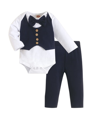 Crazyme Newborn Baby Boy Clothes Gentleman Outfits Long Sleeve Romper Bowtie Tuxedo Suit (Blue, 3-6 Months)