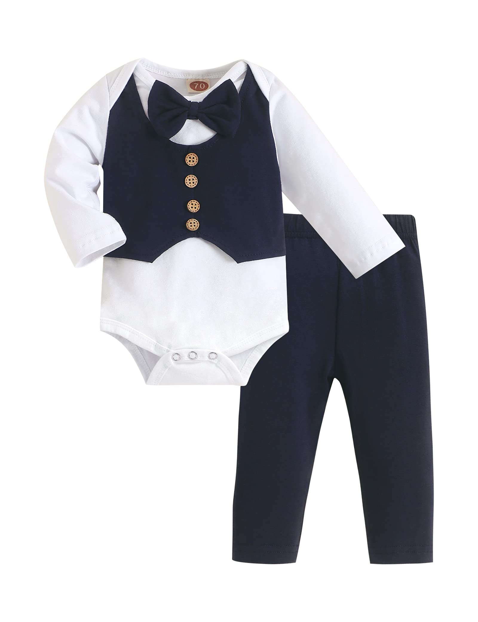Crazyme Newborn Baby Boy Clothes Gentleman Outfits Long Sleeve Romper Bowtie Tuxedo Suit (Blue, 6-9 Months)