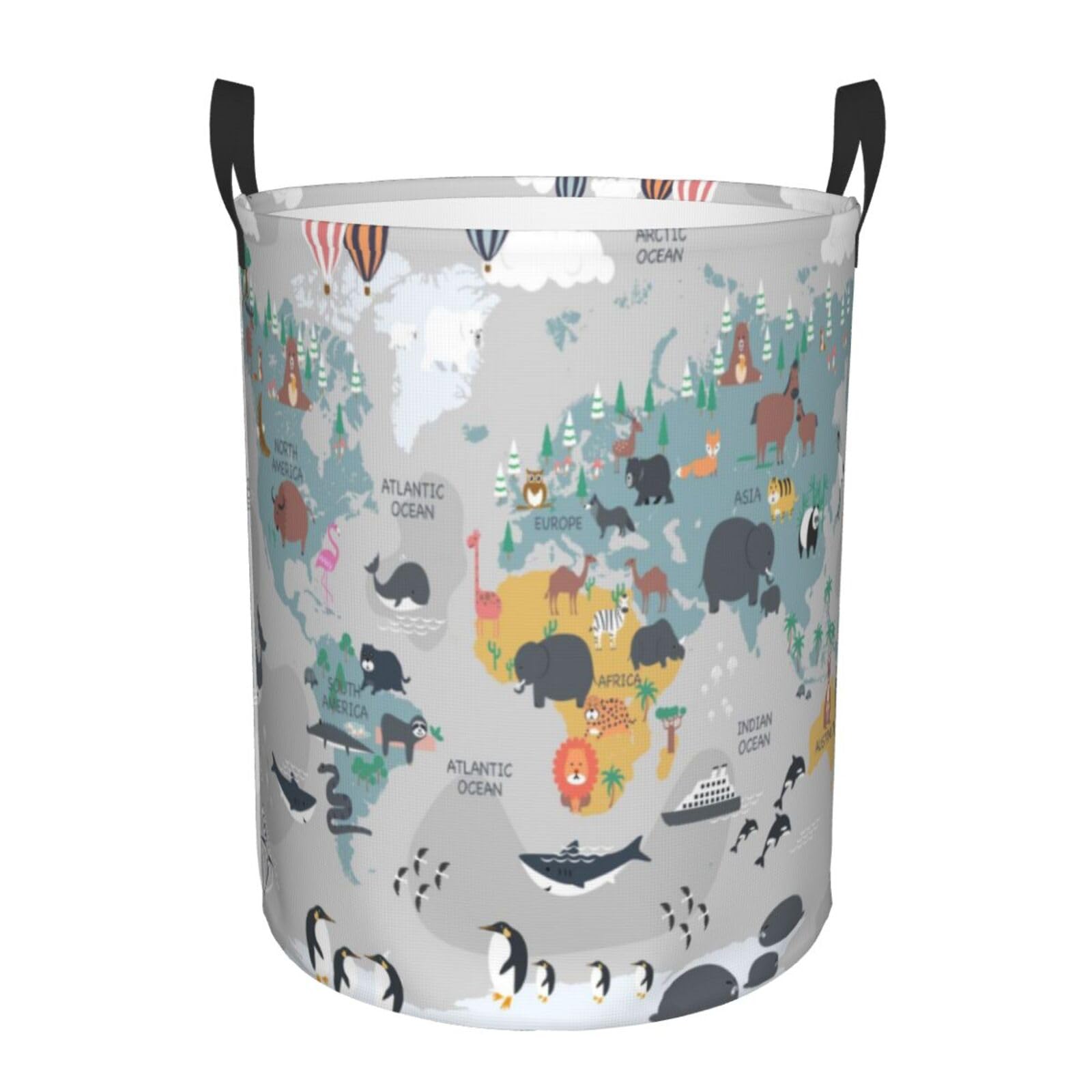 Pevtufa The World Map With Cartoon Animals Foldable Laundry Basket Organizer,Fabric Clothes Toy Storage Basket Nursery Hamper St
