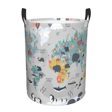 Pevtufa The World Map With Cartoon Animals Foldable Laundry Basket Organizer,Fabric Clothes Toy Storage Basket Nursery Hamper St