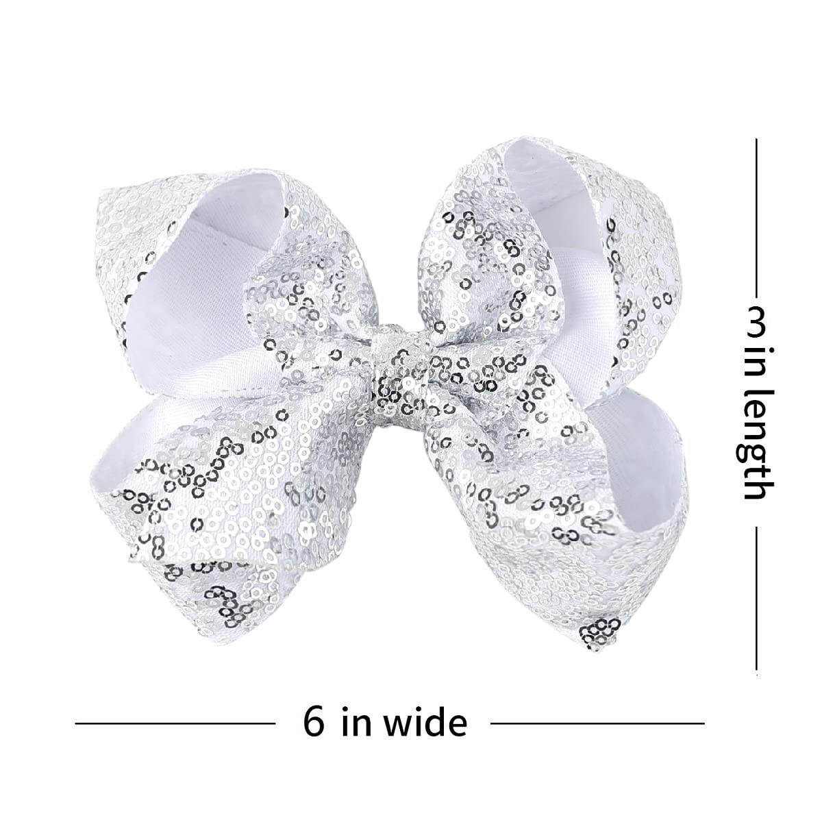 Amydecor 6 Inch Silver Sparkly Glitter Sequin Hair Bows For Girls Toddlers Kids Children Teenage (2Pcs)