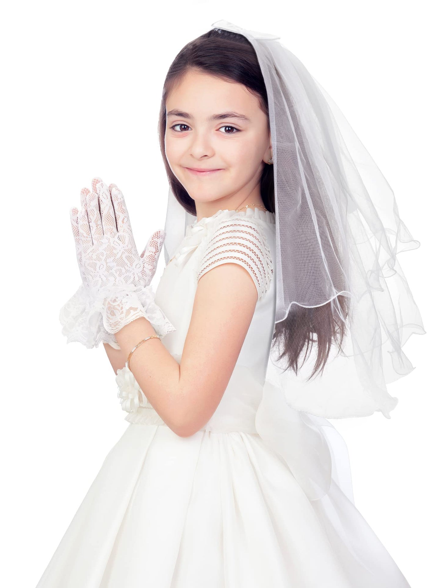 Geyoga 2 Pcs First Communion Veil and Gloves Set for Girls 1st Holy Communion Accessories for Kids, Flower Girl Wedding Party(St