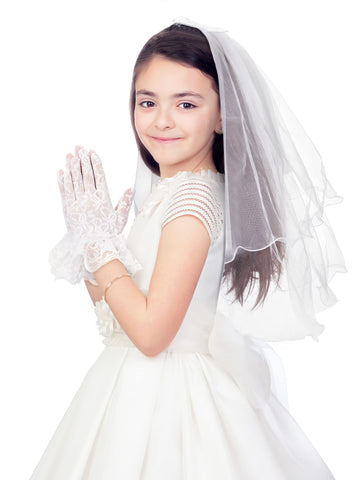 Geyoga 2 Pcs First Communion Veil and Gloves Set for Girls 1st Holy Communion Accessories for Kids, Flower Girl Wedding Party(St