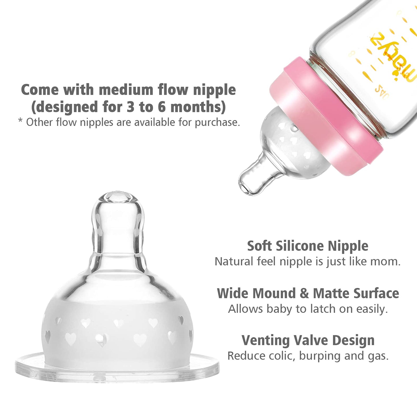 Matyz Glass Breastmilk Baby Feeding Bottle With Nipple, 2 Pack, 8 Oz Slim And Light Bottle Easy To Hold, Food Grade Borosilicate