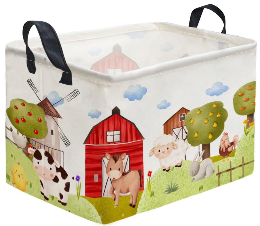 Sanjiaofen Rectangular Kids Baskets,Farm Baskets for Kids .Waterproof PE Coating Cute Basket with Handles.Boys Bins,Gifts Box,Bo