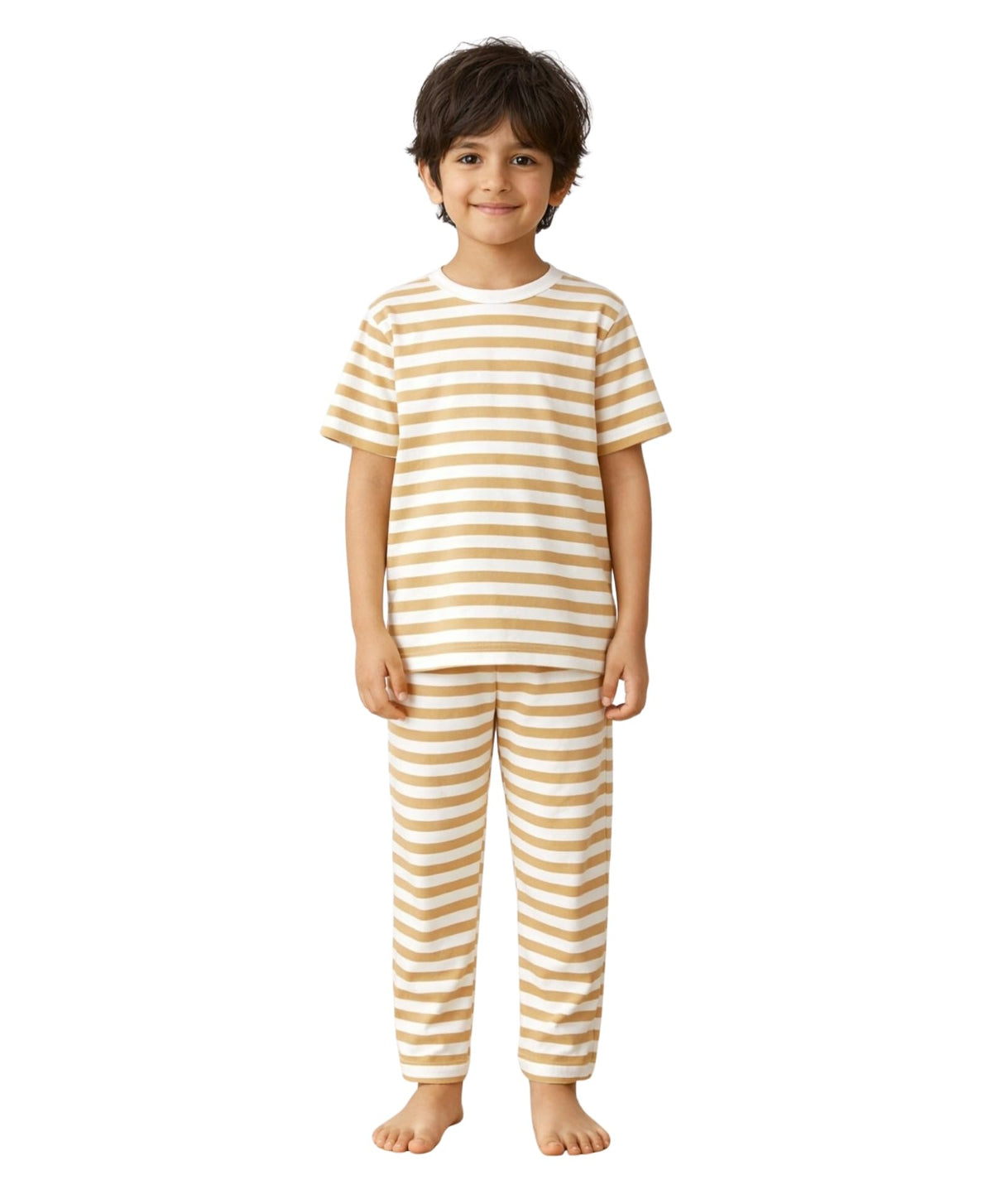 ANTHRILO Beige White Stripe Boys Pure Cotton Short Sleeve Pyjama Set | Summer Sleepwear Night Suit | TShirt & Pyjama Set | Regu