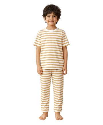 ANTHRILO Beige White Stripe Boys Pure Cotton Short Sleeve Pyjama Set | Summer Sleepwear Night Suit | TShirt & Pyjama Set | Regu