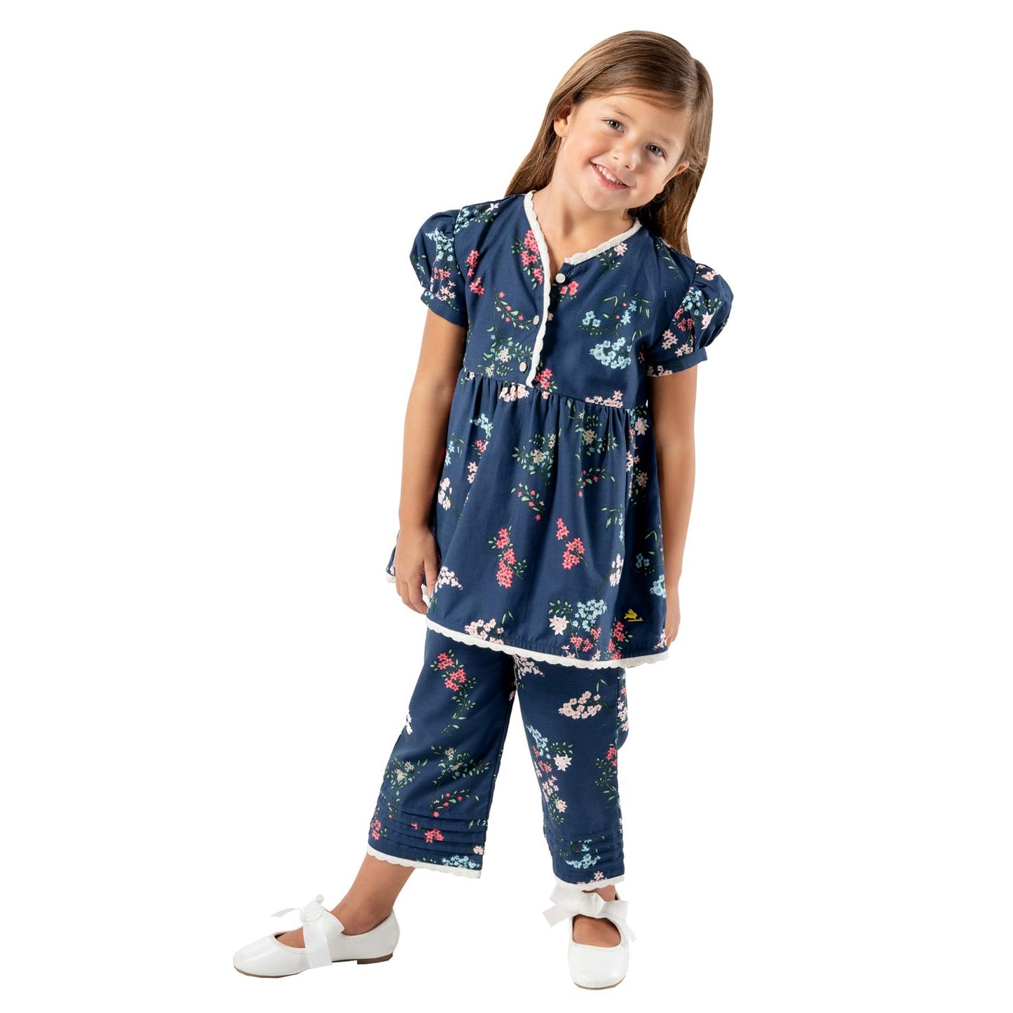Cherry Crumble Navy Blue Floral Printed 100% Cotton Full Sleeves V Neck Night Wear Regular Fit Summer Nightsuit for Girls