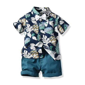 Junneng Toddler Baby Boy Shorts Sets Hawaiian Outfit,Infant Kid Leave Floral Short Sleeve Shirt Top+Shorts Suits (Dark Blue, 3-4