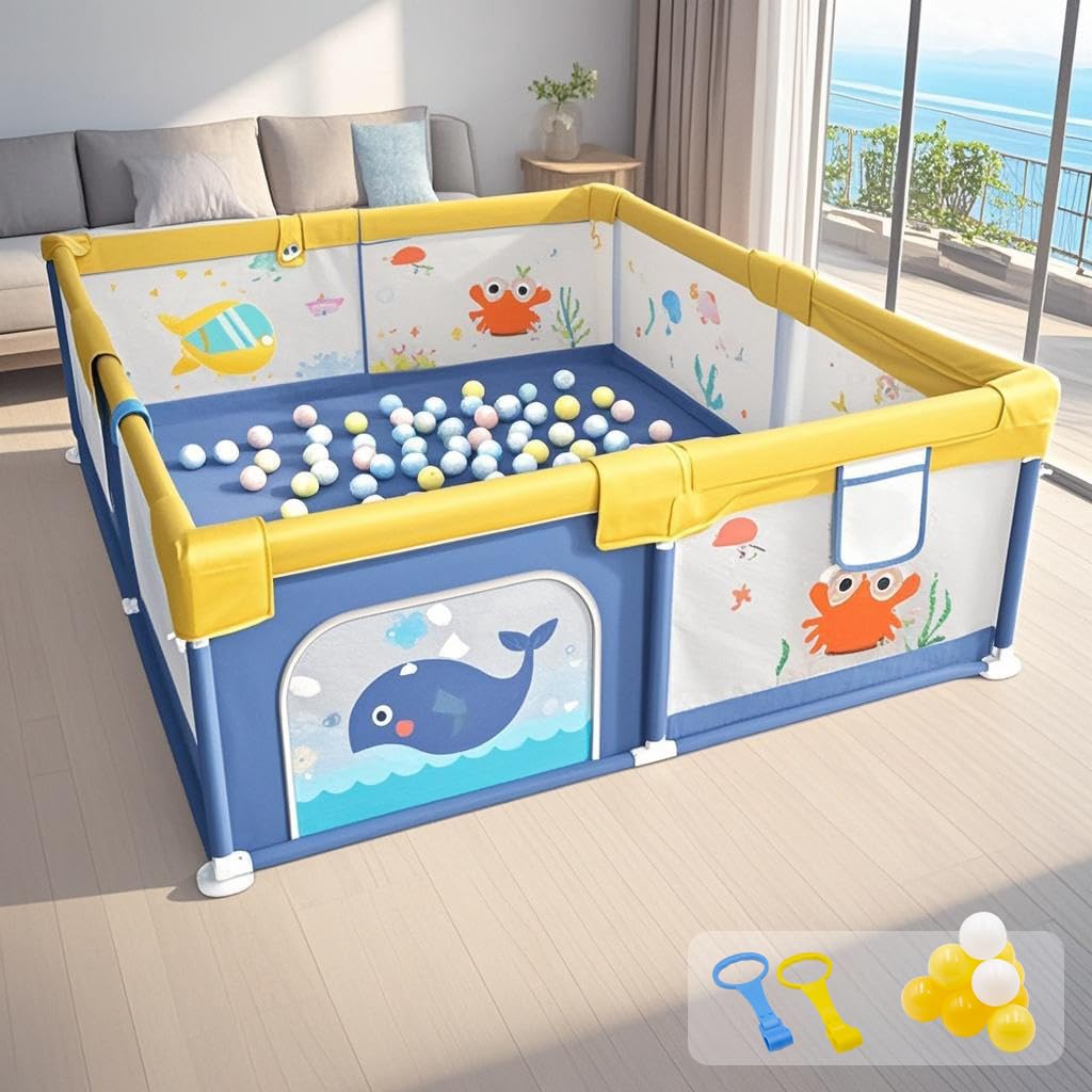 Dawnwake Foldable 14 Panel Playard, Baby Playpen Fence With Crawling Mat And Football For Baby Upto 8 Years With Safety Locking 