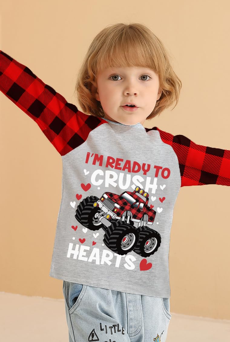 Kids Valentines Day Monster Truck With Heart Boys Raglan Buffalo Red Plaid Toddler T-Shirt 3T