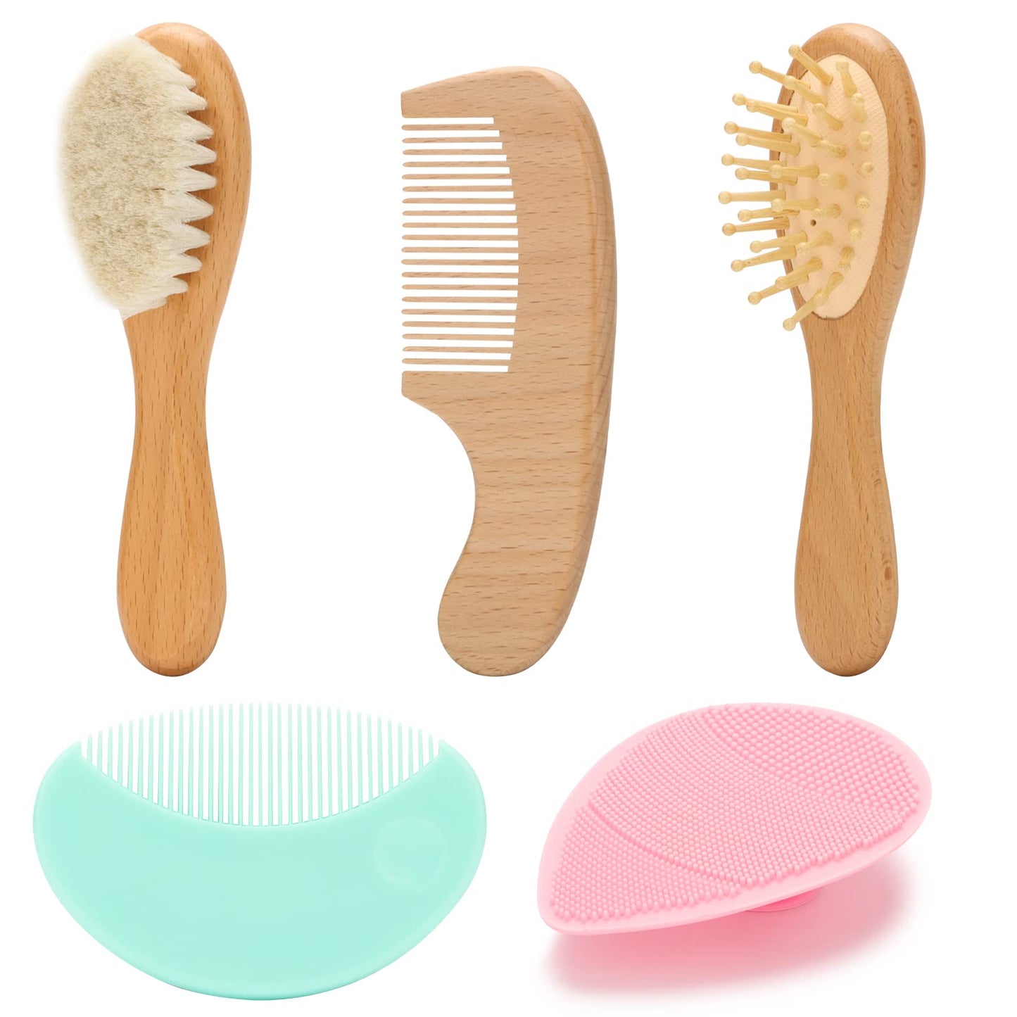 Goat Baby Hair Brush Set, Wooden Comb Massage Scalp Comb, Safe Natural Hair Care Kit, Soft Silicone Bath Brush For Newborns Todd