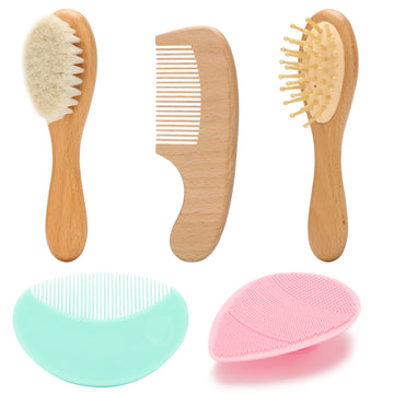Goat Baby Hair Brush Set, Wooden Comb Massage Scalp Comb, Safe Natural Hair Care Kit, Soft Silicone Bath Brush For Newborns Todd