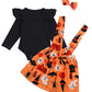 Xuuly Halloween Dress Outfit Newborn Baby Girl Clothes Ruffle Romper Top Suspender Pumpkin Bat Ghost Skirt Outfit Set With Headb