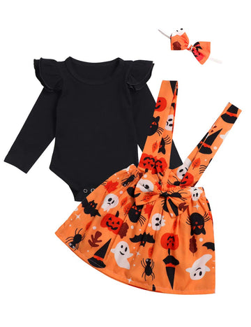 Xuuly Halloween Dress Outfit Newborn Baby Girl Clothes Ruffle Romper Top Suspender Pumpkin Bat Ghost Skirt Outfit Set With Headb