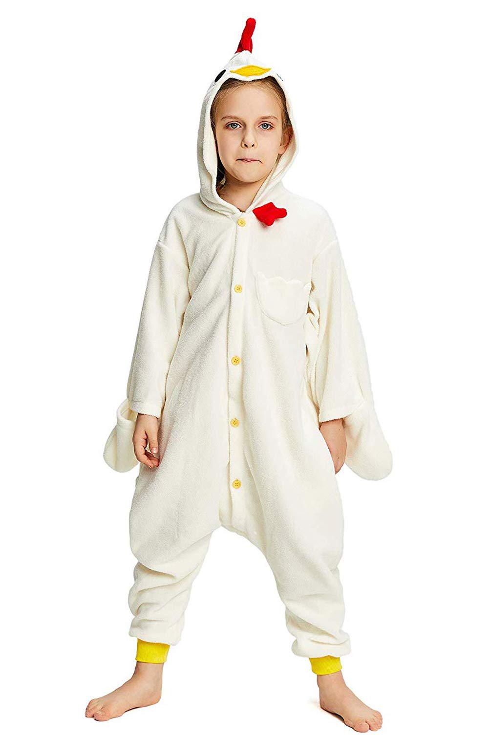 Canasour Chicken Onesie Kids Animal Rooster Halloween Cosplay Costume For 6-8 Years Girls Unisex Outfuit One Piece Hooded Soft P