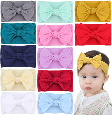 Qandsweet Baby Nylon Headbands Newborn Bows Soft Head Wraps For Infant Toddler Girls 12-Pack