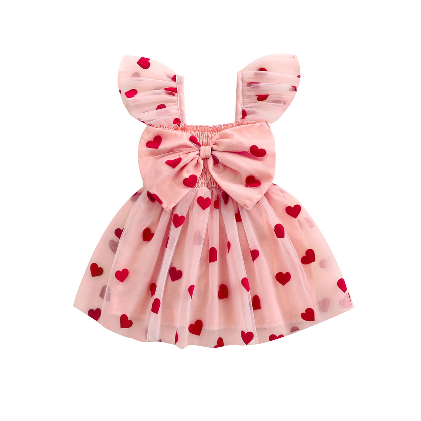 Toddler Baby Girl Valentines Day Outfit Heart Print Ruffle Sleeve Bowknot Tulle Dress Girls Birthday Party Dresses (Pink, 12-18