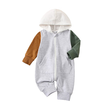 Ynibbim Baby Boy Romper Infant Toddler Clothes Color Block Jumpsuit Fall Winter Zipper Hooded Outfit