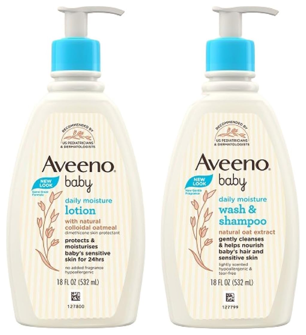 Aveeno Baby Daily Moisture Wash & Shampoo 532 Ml & Daily Moisturizing Body Lotion 532 Ml| 24 Hour Protection For Sensitive Skin 