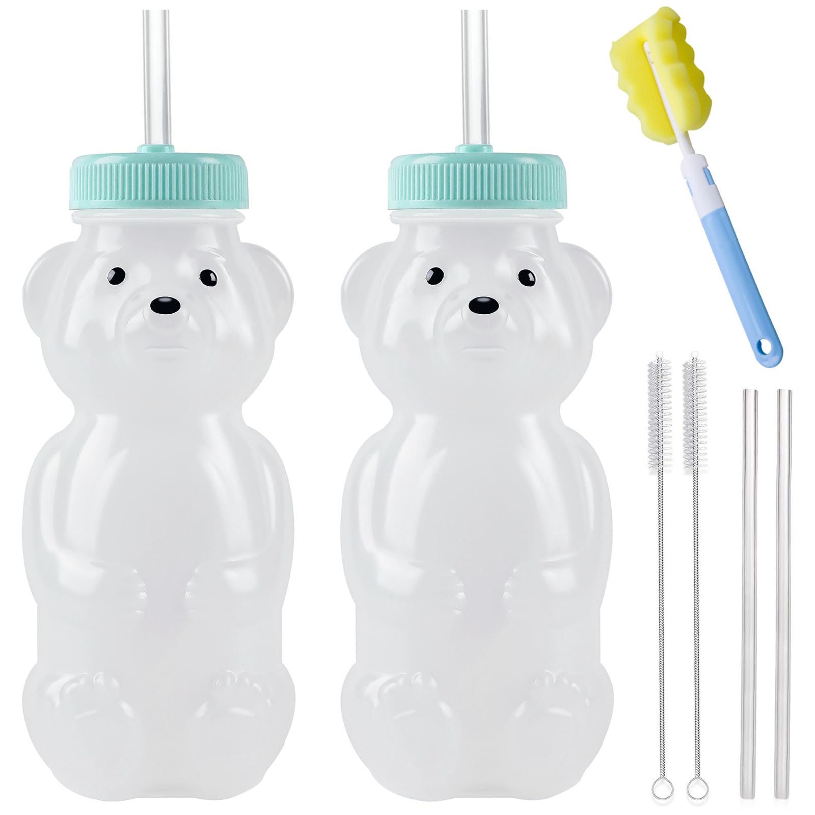 Honey Bear Straw Cups, Juice Bear Bottle Drinking Cup Long Straws with 4 Flexible Straws & Cleaning Tools, 8-Ounce Therapy Sippy