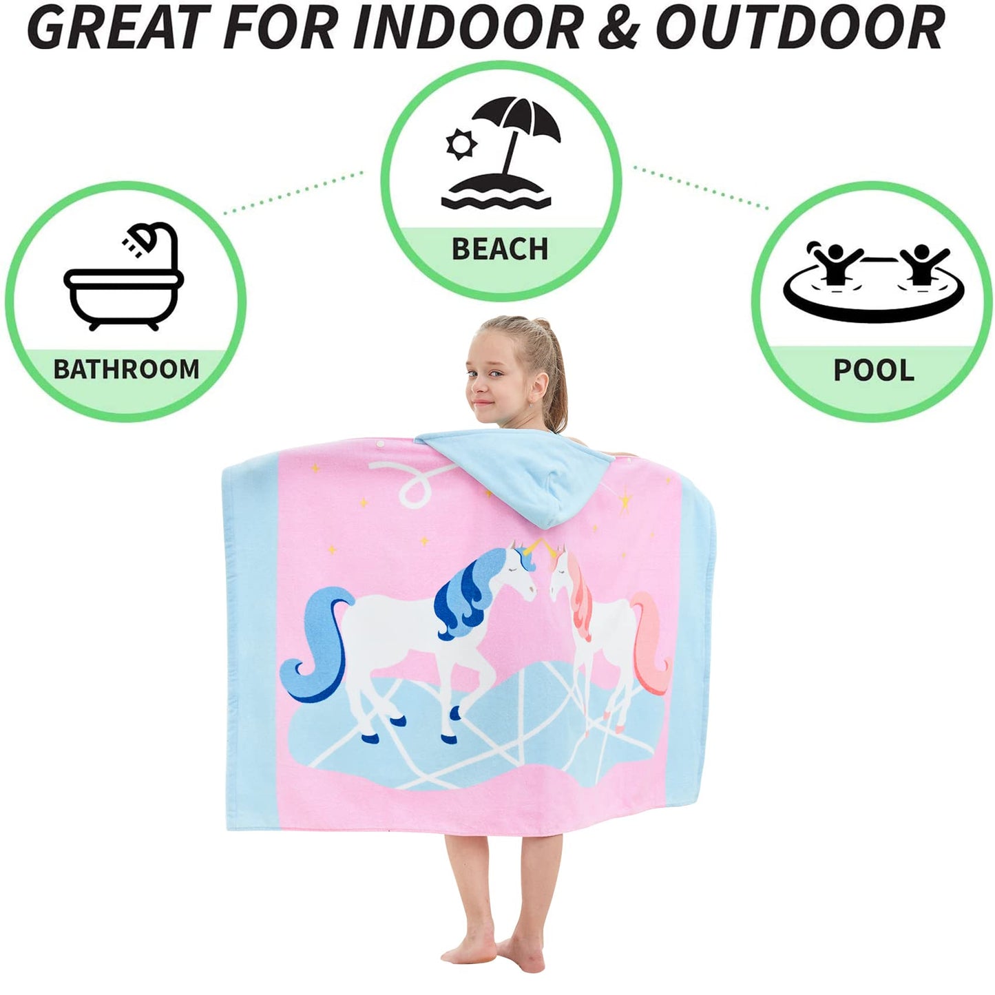 Bavilk Kids Hooded Bath Beach Towel Girls Boys Swim Pool Cover Up Super Absorbent Cute Cartoon Animal Full Vitality (Lucky Unico
