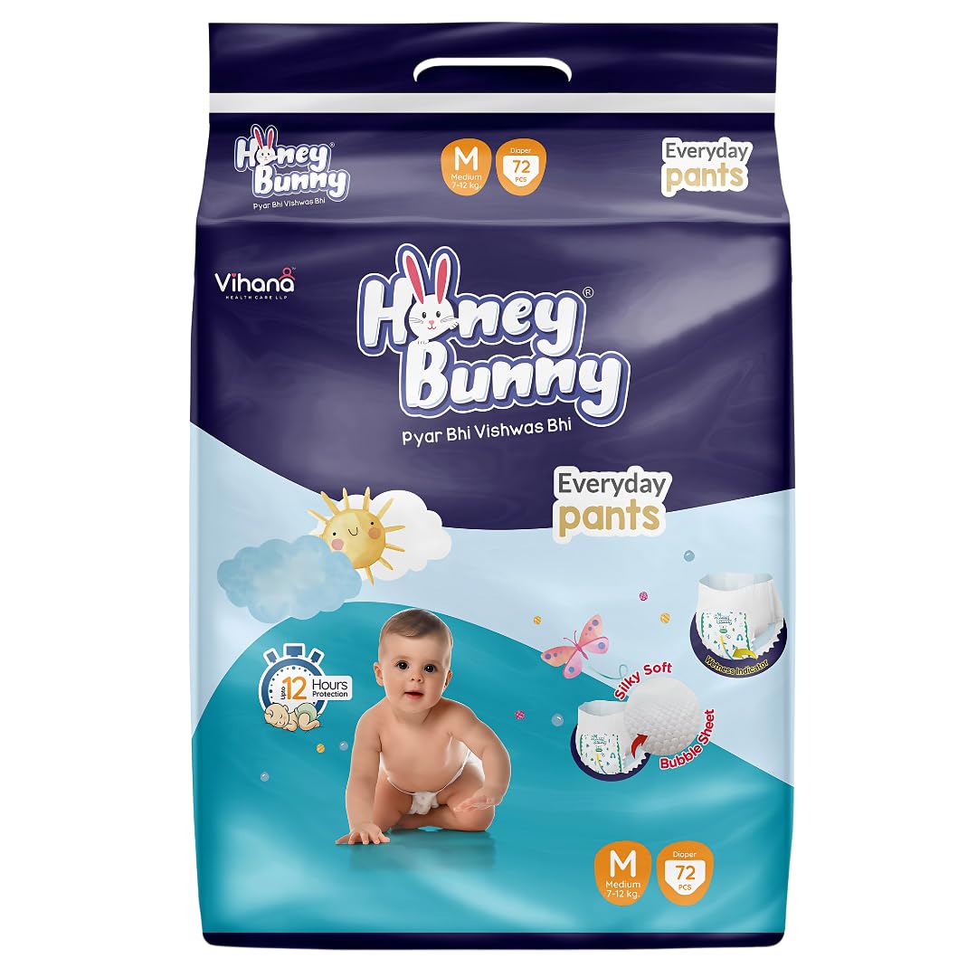 Honey Bunny Everyday Baby Diapers Pants | Medium (M), 72 Count, 712 Kg | Silky Soft On Skin, Bubble Layer | 12 Hours Protection