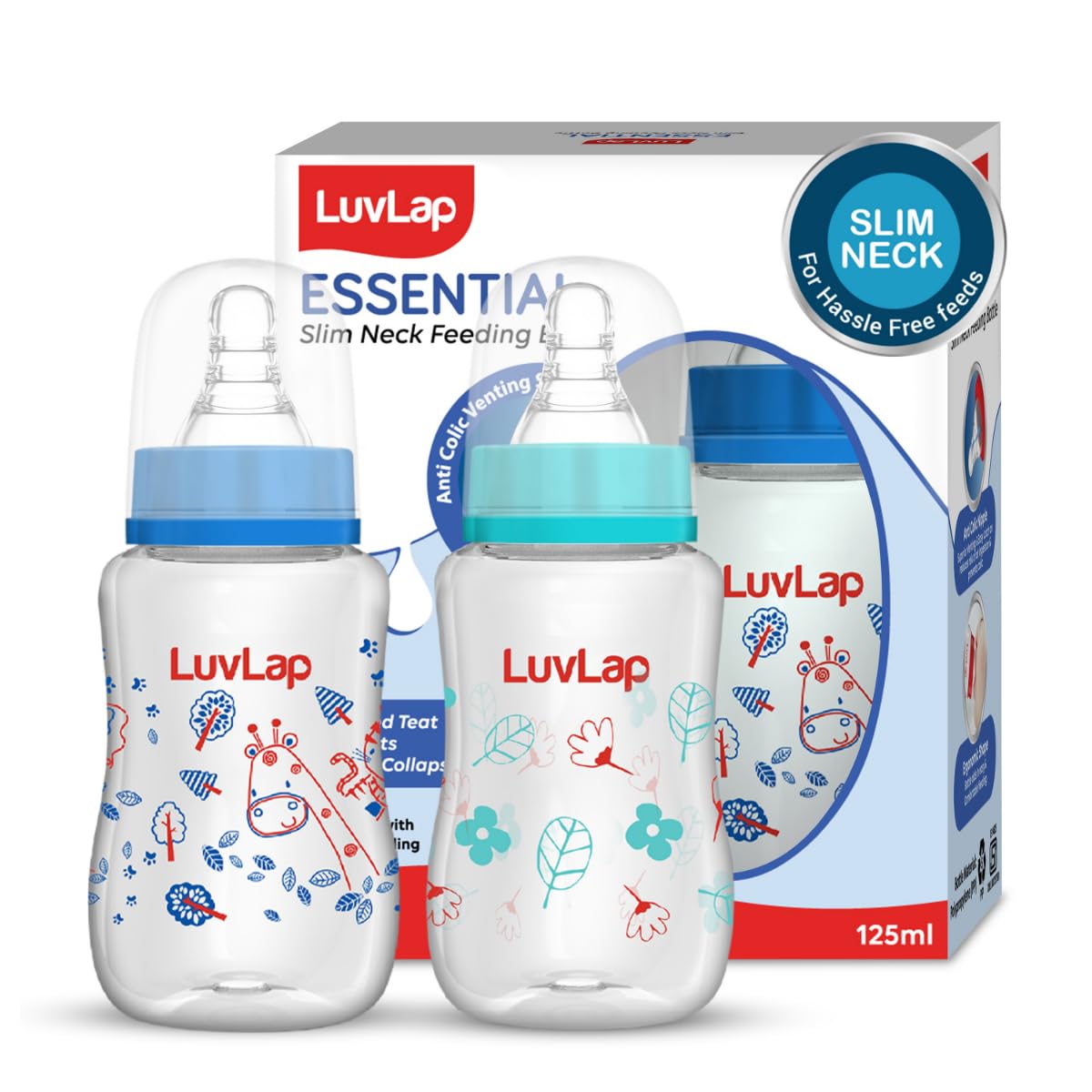 Luvlap Baby Essential Slim Neck Plastic Feeding Bottle, 125Ml, Flower & Jungle, With Anti Colic Nipple, New Born / Infants / Tod