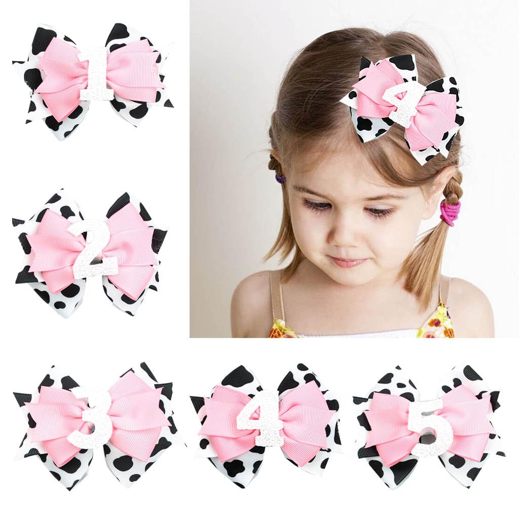 Birthday Hair Clips For Baby Girls - 2Pc Cow Print Bow With White Number Hair Clips For 4Th Birthday Baby Bow Party Decorations