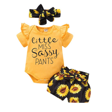 Miekisa Baby Girls 3Pcs Short T Shirt Pants Clothing Sets (Yellow, 0-3 Months(Tag 70))