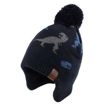 Kids Winter Pompom Hat Scarf Set Warm Knitted Toddler Fleece Cap Baby Girl Twist Earflap Hats (Dinosaur Navy Hat,Xs)
