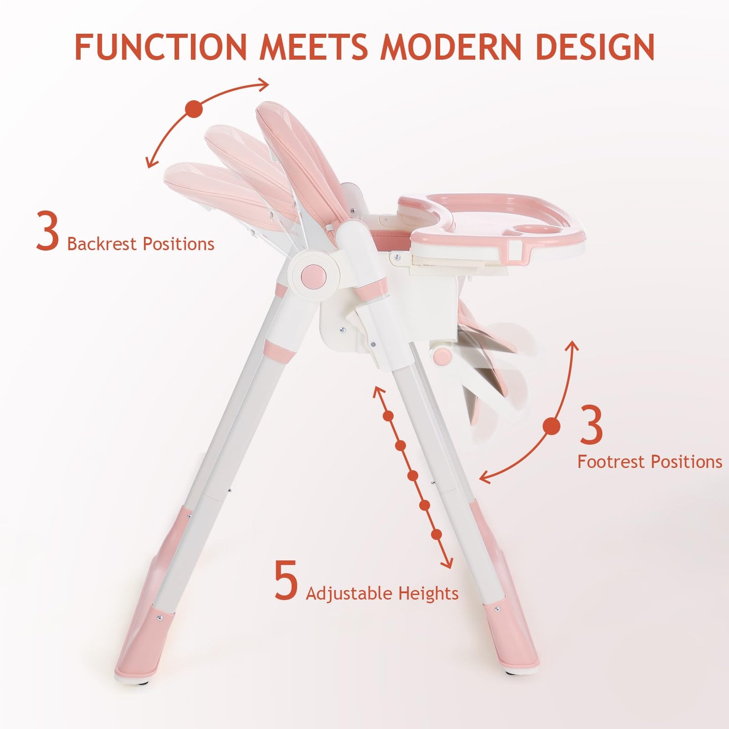 Sunchildor 3 In 1 Baby High Chair With Wheels, Adjustable 5 Point Harness, Tray, Foot Rest, Backrest And Seat Height, Foldable H