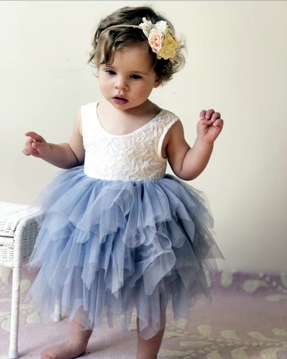 2Bunnies Girl Peony Lace Back A-Line Tiered Tutu Tulle Flower Girl Dress (Gray Sleeveless Short, 4T)