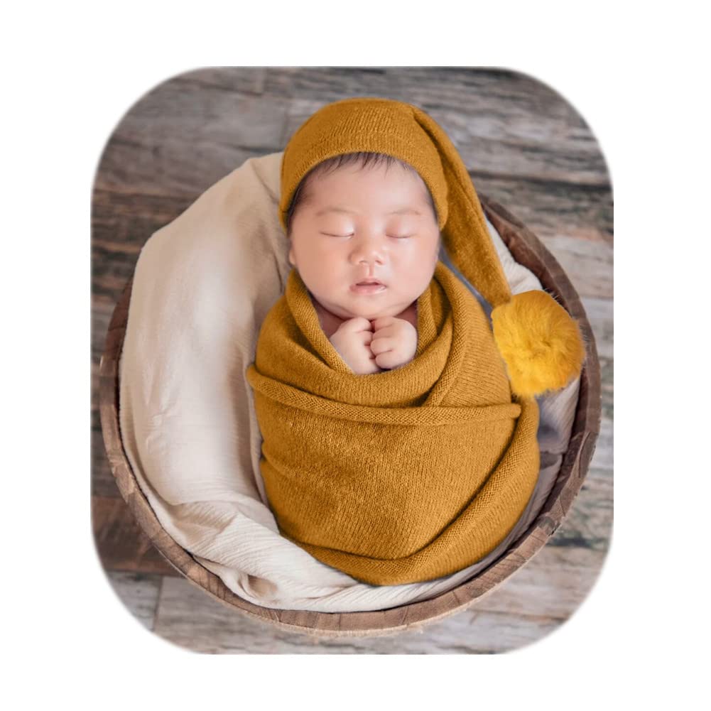 Vemonllas Fashion Cute Newborn Baby Photography Props Outfits Boy Girl Knitted Long Tail Hat With Wrap Blanket Set (Ginger Yello