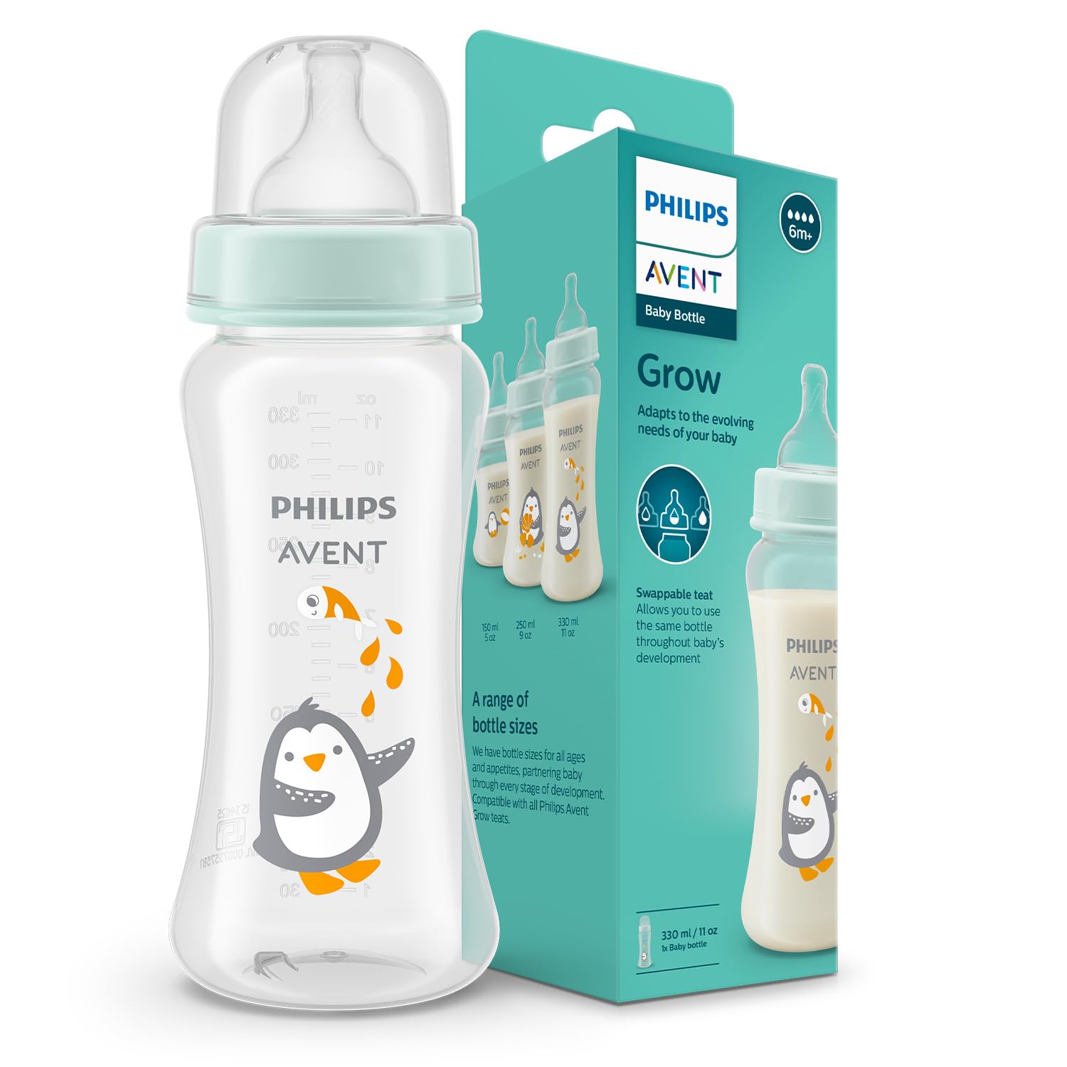Philips Avent Grow Plastic Feeding Bottle | AntiColic | Easy Fill,Easy Clean|Bpa Free | With 6M+ Flow Teat | Made In India (330