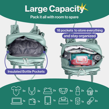 Babbleroo Sage Green Unisex Baby Essentials Backpack - Spacious Diaper Bag With Changing Pad, Stroller Straps & Pacifier Case