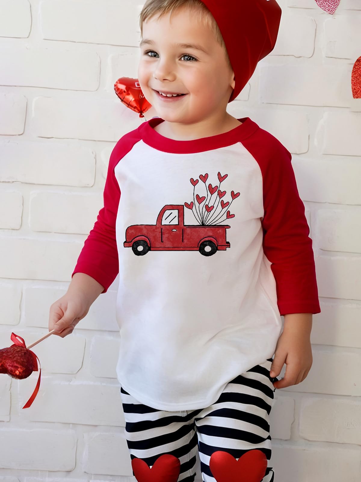 Yzmi Valentines Day Shirt Toddler Boy Girl Raglan 3/4 Sleeve Valentines Outfit Truck Love Heart Graphic Tee Tops Red 2-3T